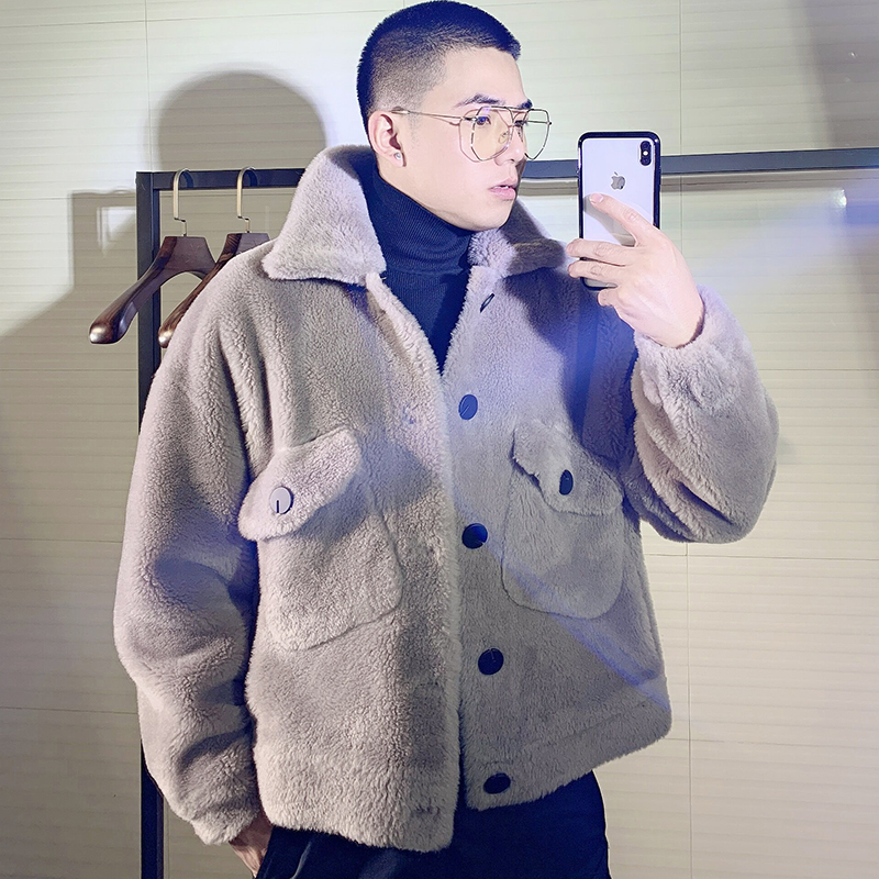 海宁羊羔毛新款皮草休闲夹克真毛皮毛一体外套宽松大码男装冬季潮