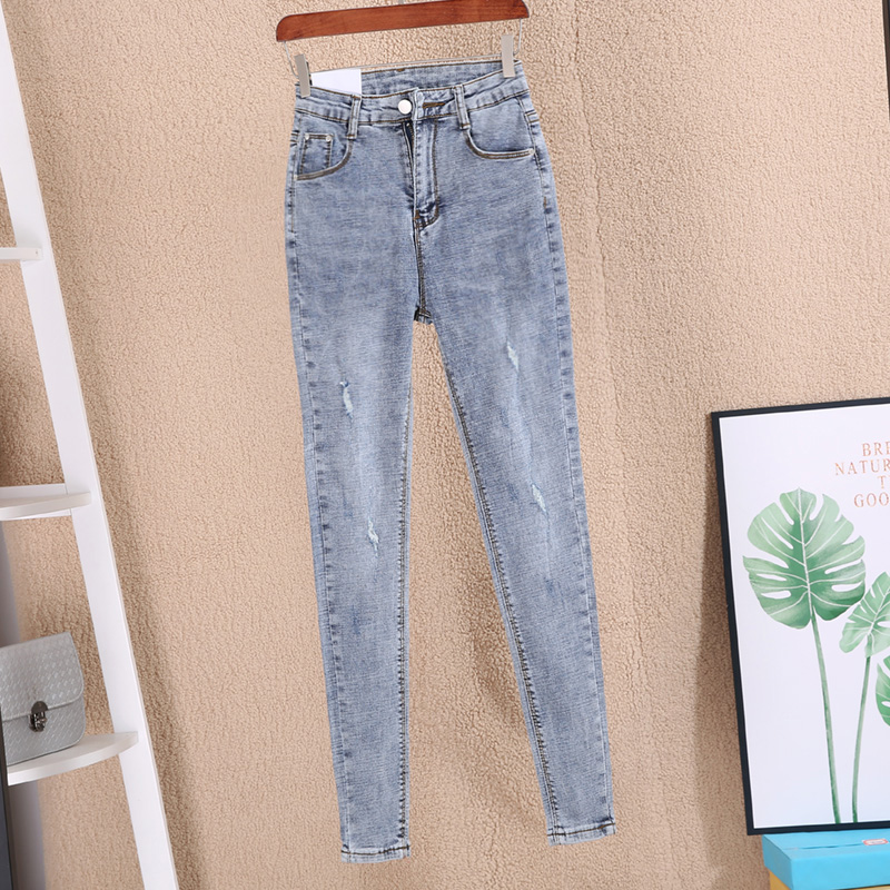 欧洲站网红灰色牛仔裤女2021秋季新款紧身显瘦高腰小脚铅笔破洞裤