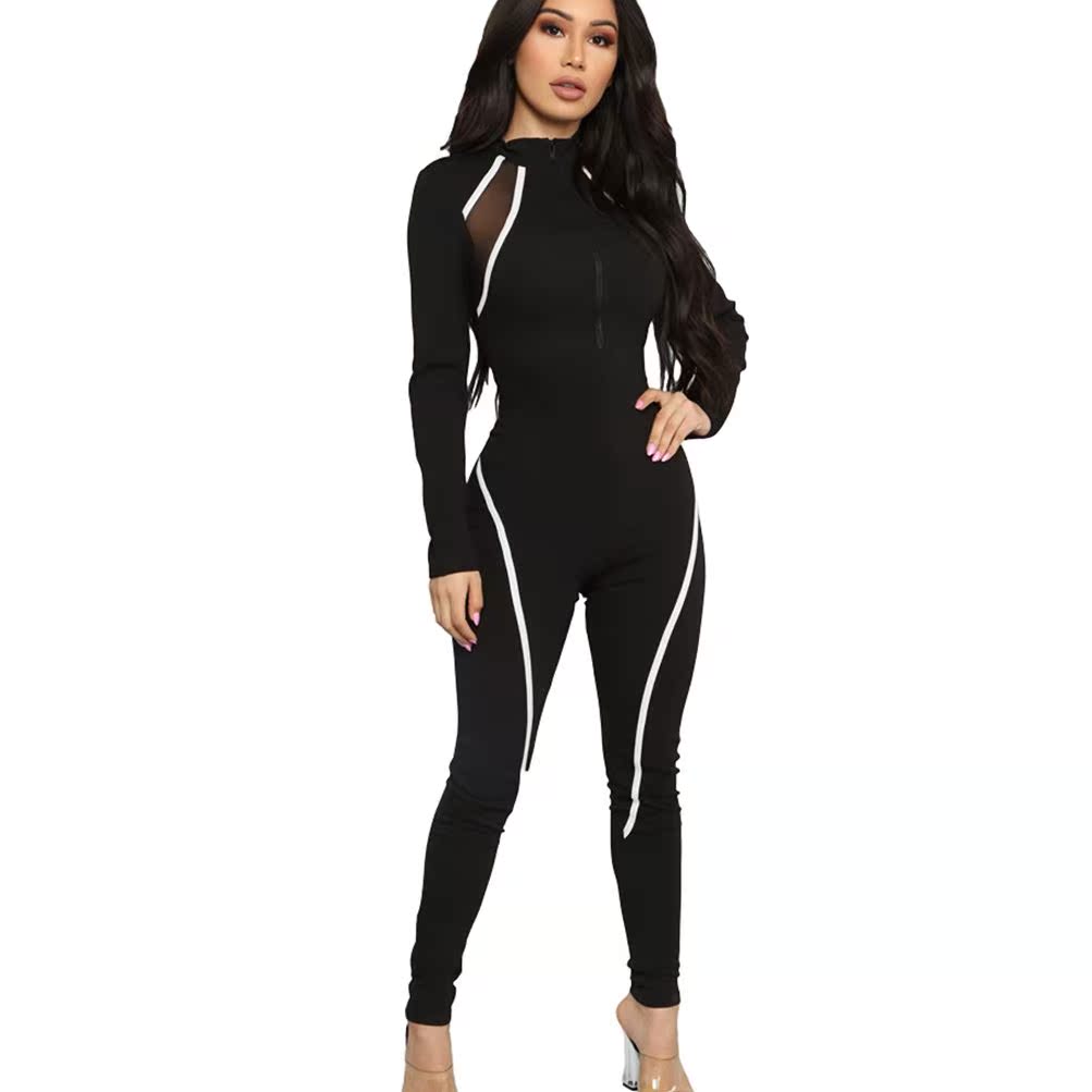 womensmeshyarnstitchingstripedsportsjumpsuit运动连体裤