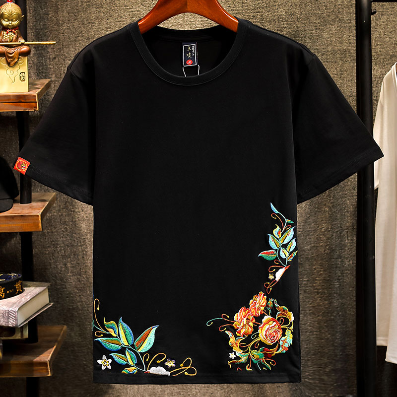 2022夏季新品国潮荷花刺绣图案棉短袖T恤 男宽松薄款黑色半截袖潮