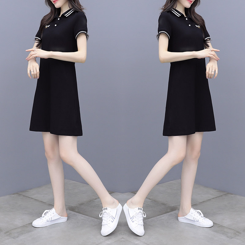 polo衫连衣裙女夏中长款甜美小蜜蜂刺绣翻领t恤裙减龄学生直筒裙