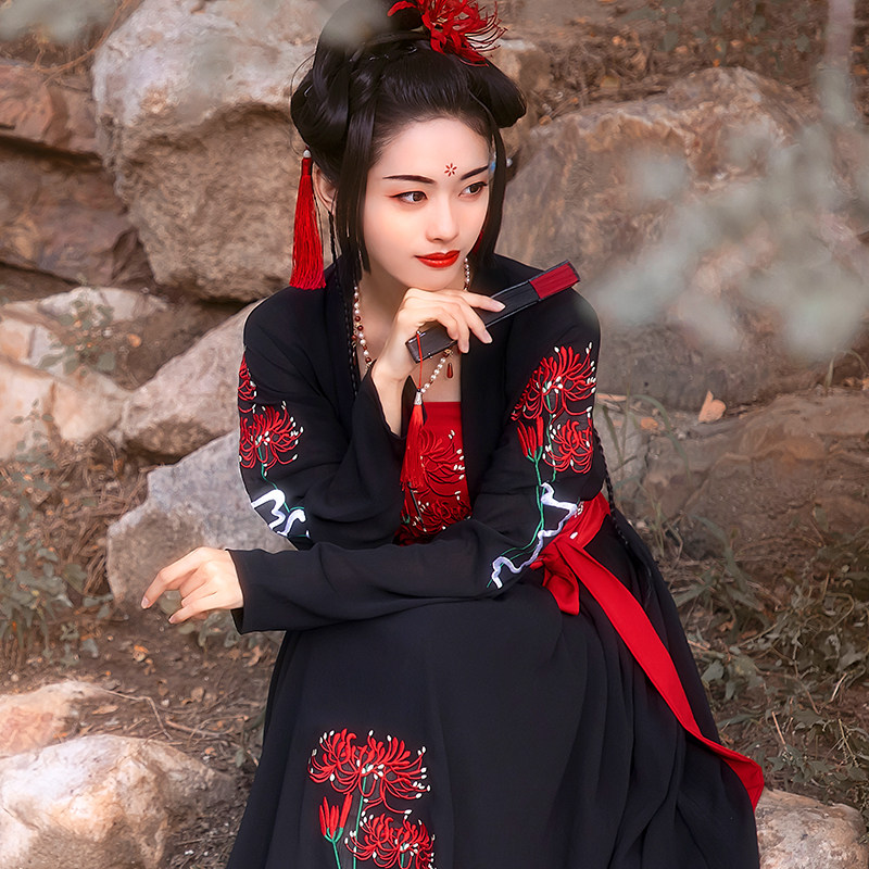 齐腰彼岸花凰呈祥原创汉服女对襟三件件套重工刺绣民族服装