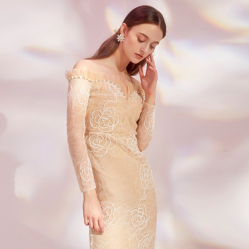 淑女wardrobesbychen高端定制气质蕾丝薄纱长袖连衣裙