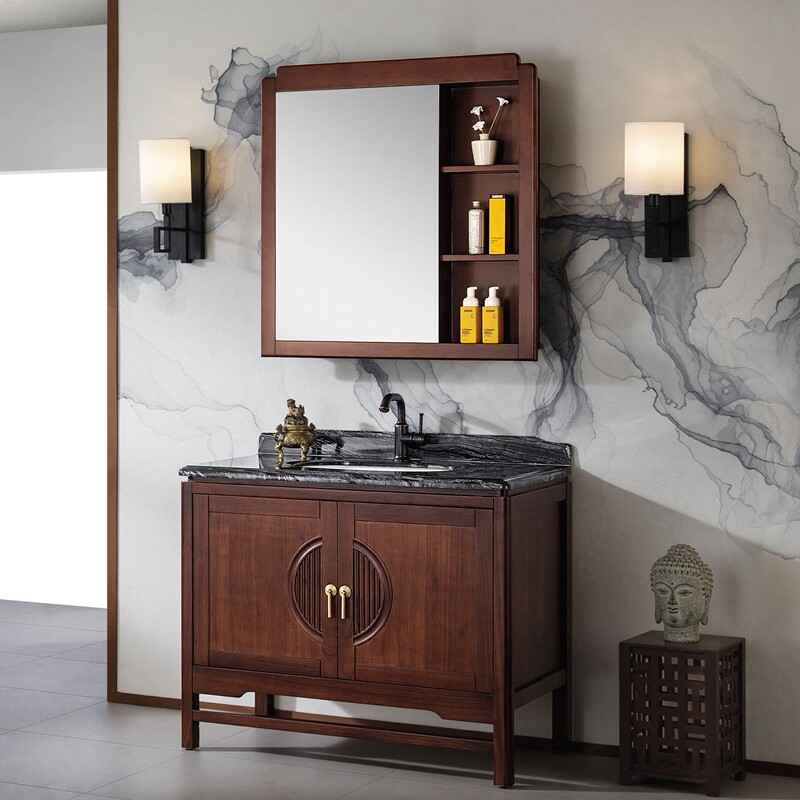恒饰卫生间落地大理石仿古台盆洗漱实木新中式乌金浴室柜
