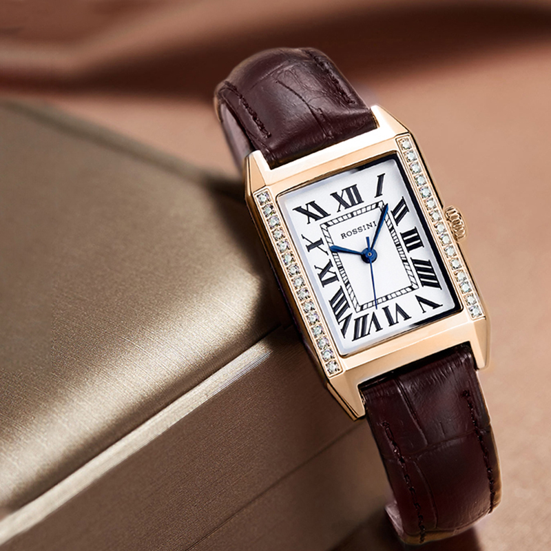 罗西尼复古女士手表时尚真皮表带镶钻方形手表指针式情侣对表