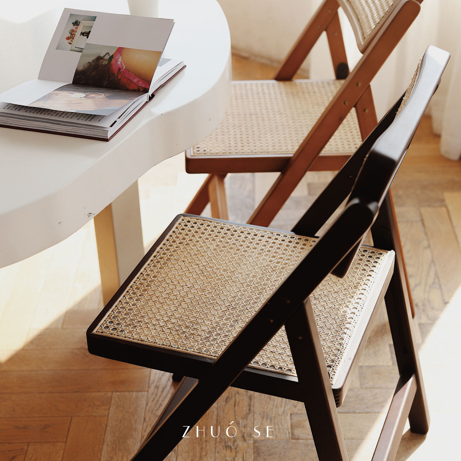 zhuose复古榉木实木椅子靠背椅ins折叠椅家用北欧餐桌椅藤
