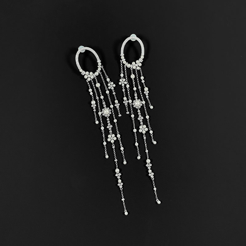 amzy个性珍珠吊式耳环耳坠女长款流苏纯银夸张耳环