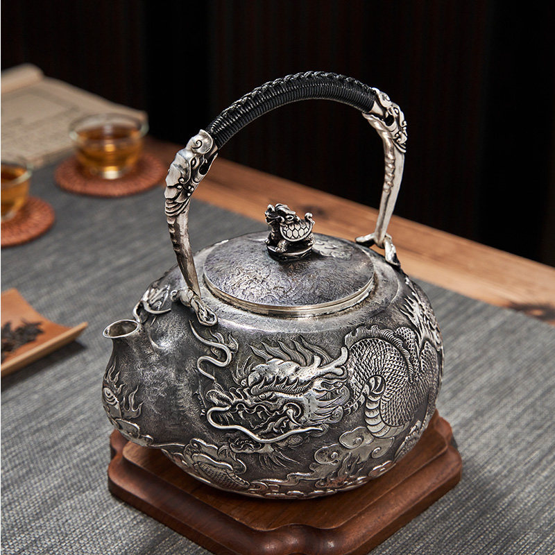 归银高工银壶纯银烧水壶手工一张浮雕錾刻龙壶茶壶