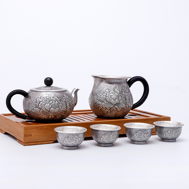 茶具手工纯银花开富贵套装功夫功夫茶家用茶道银壶整套茶具