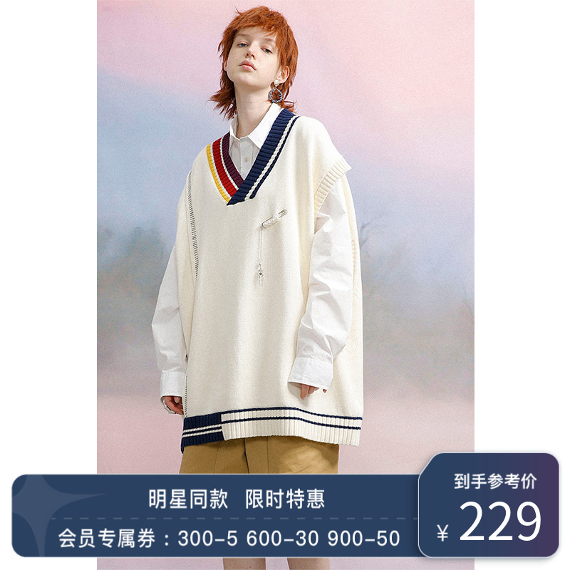 UNVESNO【肖战同款】背心情侣学院风V领针织衫马甲日系复古毛衣