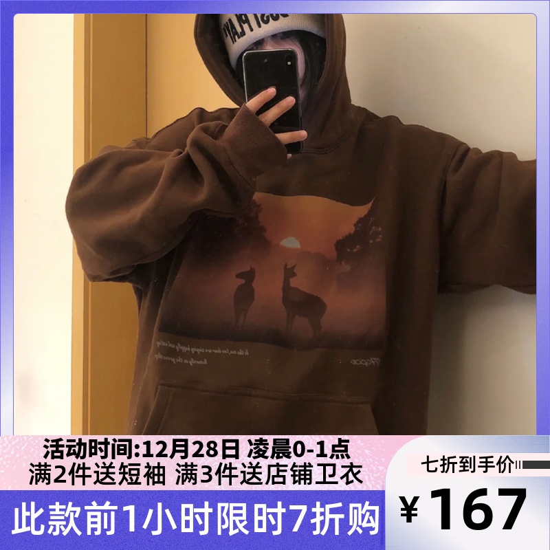 WE77GOOD美式复古风景印花卫衣冬季新款潮牌宽松加绒帽衫we77goob