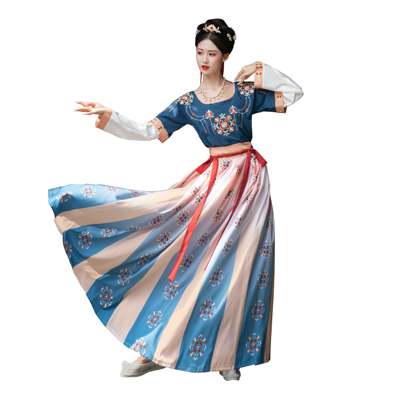 坦领汉服女敦煌飞天三件套中国风原创白菜唐制半臂齐腰襦裙