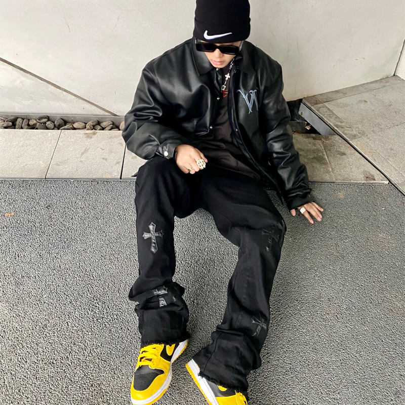 国潮hiphop十字架牛仔喇叭裤子男2021春秋季宽松美式高街头ins冬