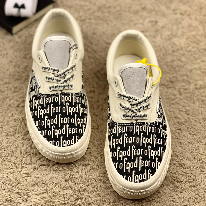 新款万斯路满印FOG字母印花黑白帆布鞋男低帮情侣滑板鞋女ins超火