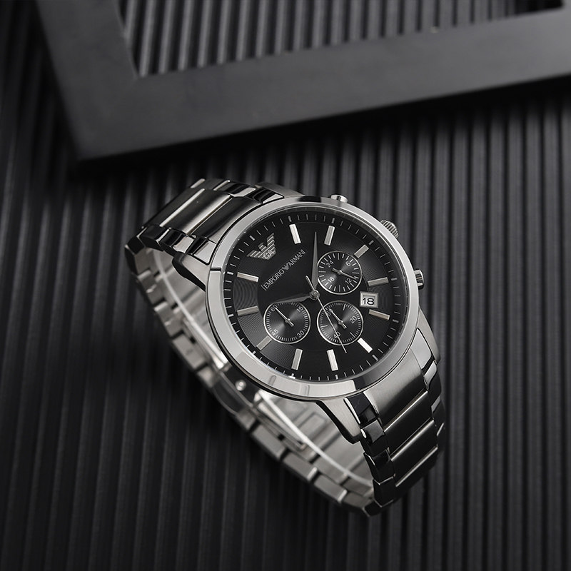 armani阿玛尼男士手表 黑色钢带石英防水三眼表盘时尚腕表 ar2434