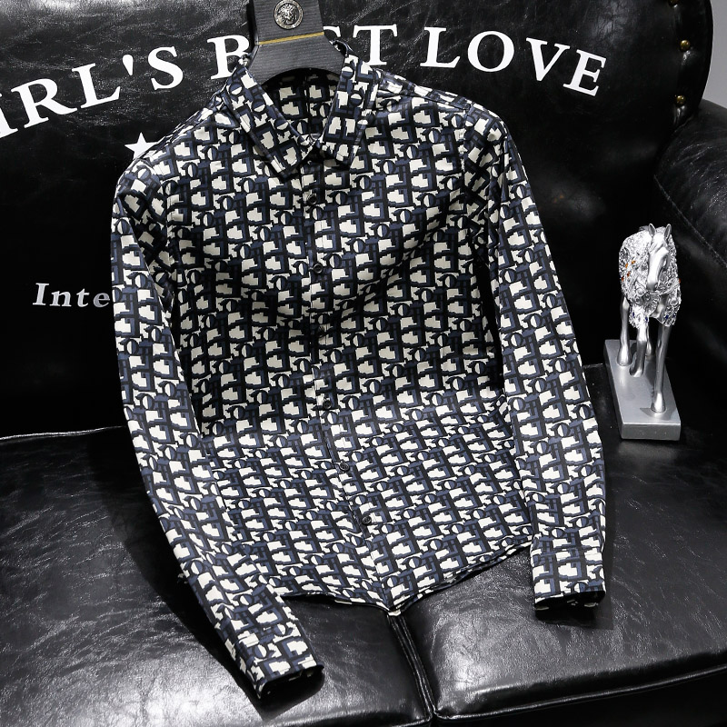 欧洲站潮牌修身长袖衬衣男2022春秋新品高端印花休闲时尚衬衫男潮