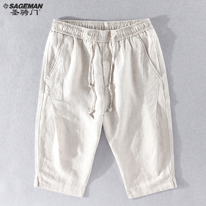 亚麻短裤男七分裤纯麻夏季薄款系绳日系复古宽松全麻休闲裤五分裤