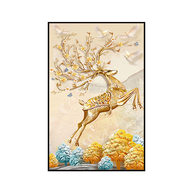 入户玄关装饰画竖版风水招财发财财鹿壁画北欧现代装饰画