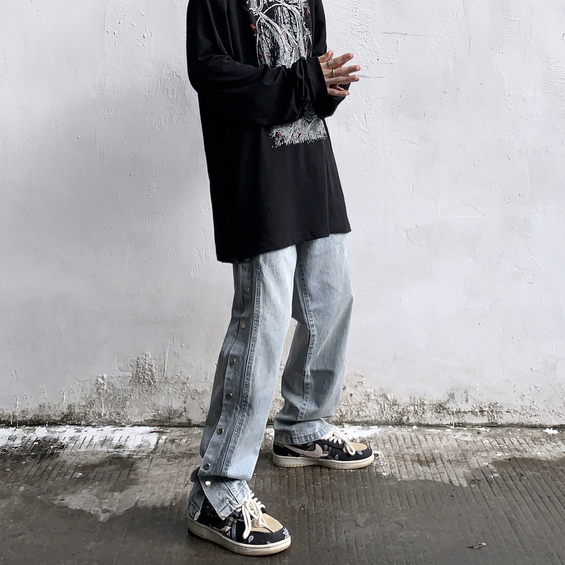 匪帮gofb高街浅蓝色牛仔裤潮牌直筒宽松fog风排牛仔裤