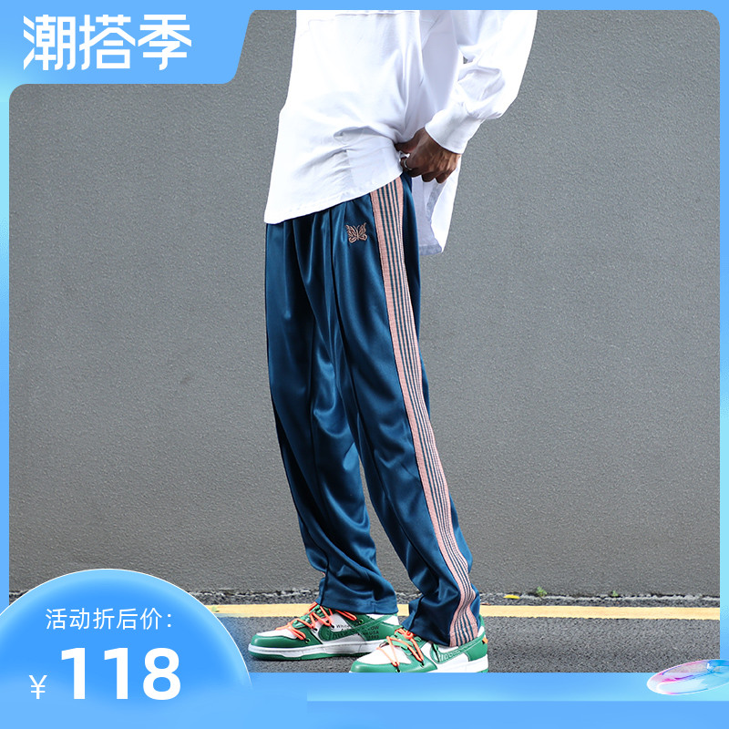 日系潮牌NEEDLES TRACK蝴蝶裤宽松直筒织带裤子男休闲刺绣运动裤