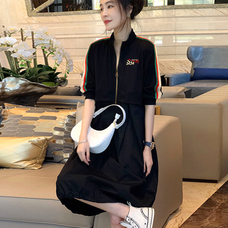 运动休闲高腰显瘦黑色连衣裙女夏过膝长裙裙子蓬蓬连衣裙
