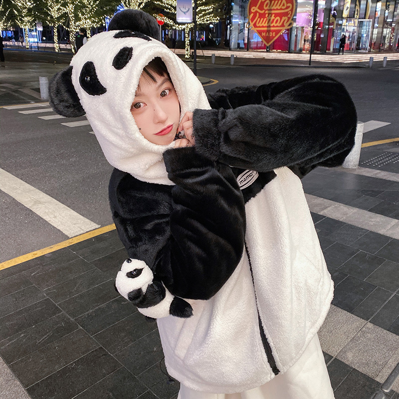 MAMC熊猫毛绒外套棉服女2021新款冬季ins潮牌宽松连帽加厚棉衣男