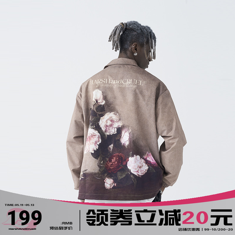 harshandcruel 花卉复古花体字全幅印花宽松潮流街头教练夹克男