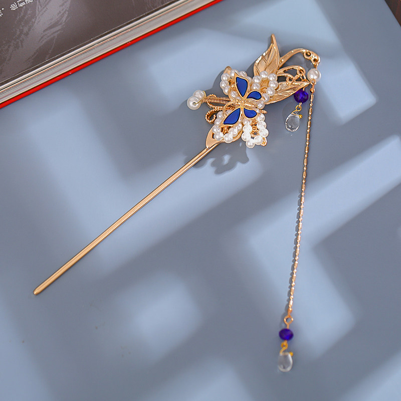 发簪古风蓝点流苏珍珠发钗日常旗袍配饰古典发饰