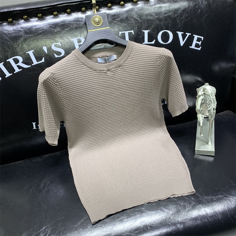 纯色格子冰丝针织短袖T恤男韩版修身夏季时尚社会圆领半袖体恤潮