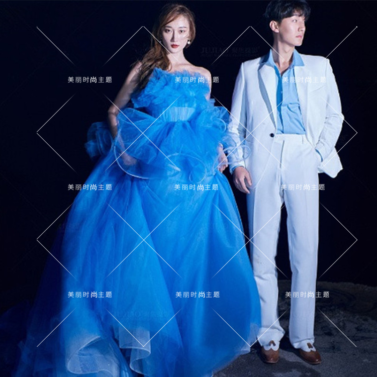 2021展会新款影楼主题拍摄服装蓝色个性婚纱照婚纱