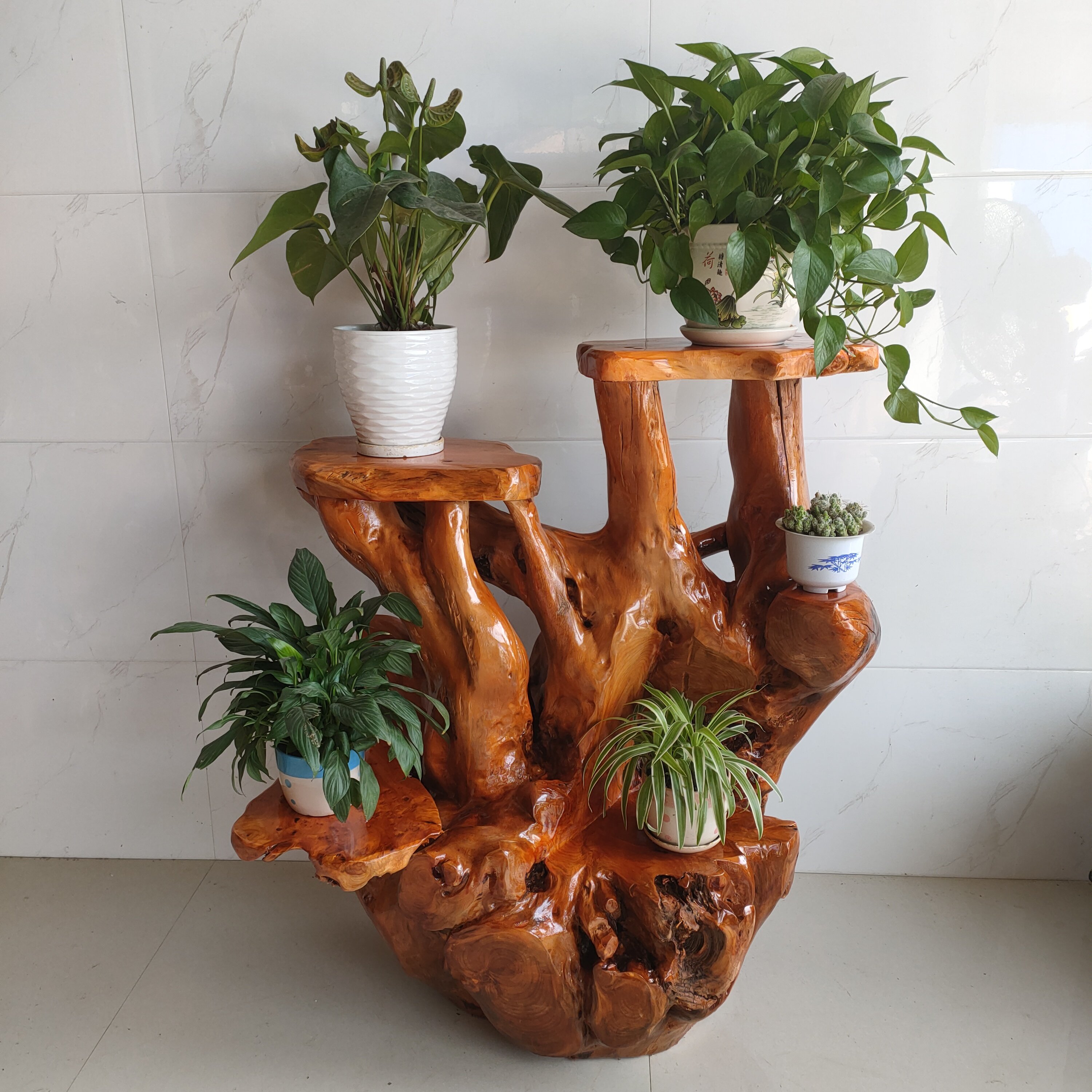 客厅根雕花架实木天然树根落地多层根艺盆景根雕花架