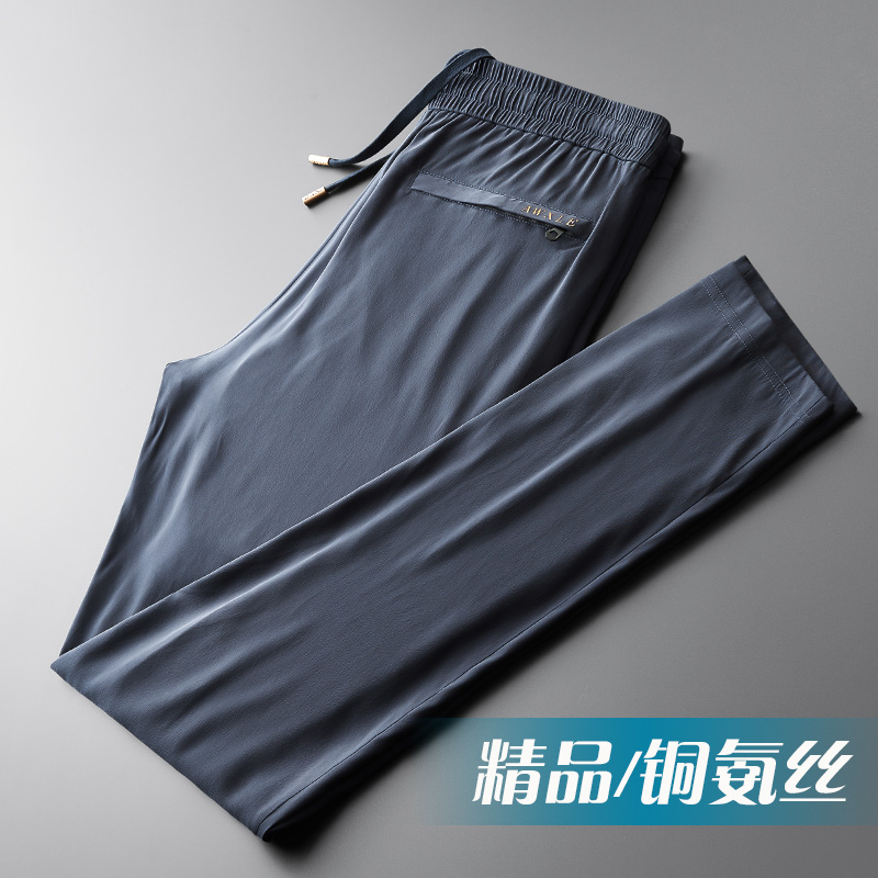 精品铜氨丝松紧腰卫裤男直筒薄款裤子男士休闲裤宽松高腰运动男裤