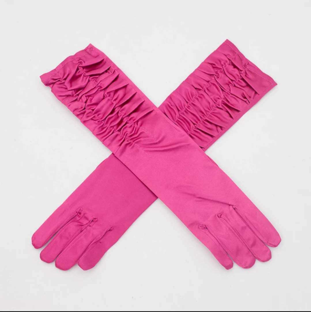 38cm绸缎面手手套褶皱弹性丝光珠面黑色红色手套