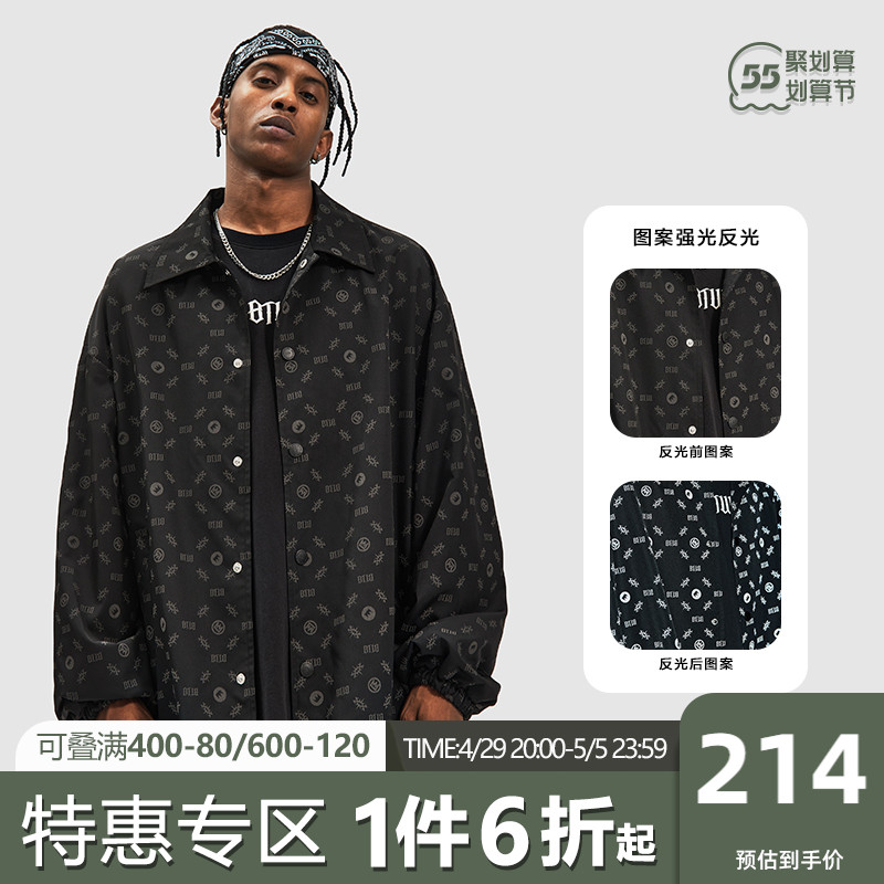 BTW美式街头宽松长袖荆棘反光满印抽绳式飞行夹克外套男春秋上衣