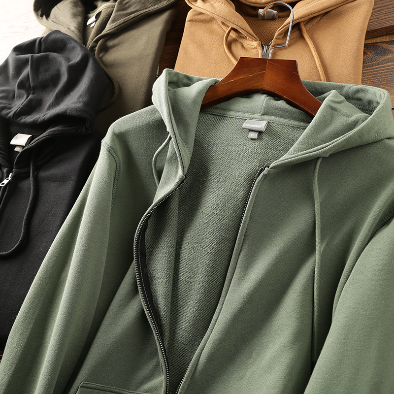 口碑牛货！外贸男士全棉大毛圈纯色连帽卫衣运动休闲拉链开衫外套