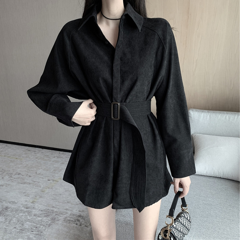 秋装新款心机上衣衬衫女设计感小众中长款灯芯绒衬衫裙收腰衬衣