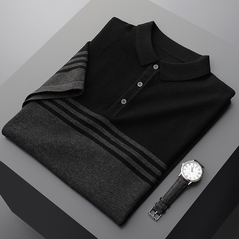 tuh 商务条纹针织POLO衫大码男装春夏款宽松翻领保罗短袖男士上衣
