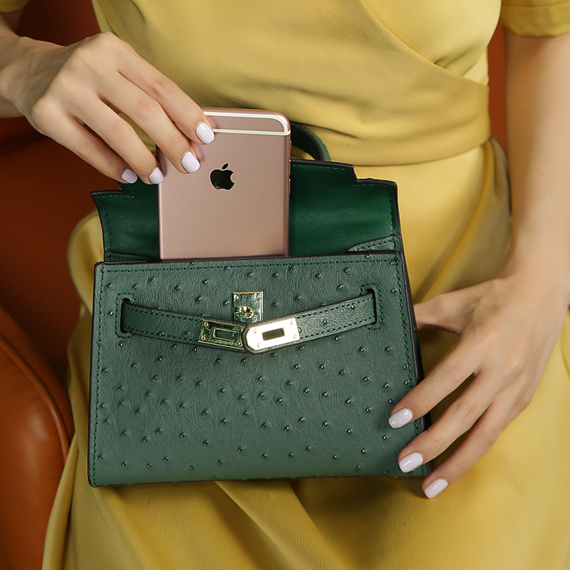 女包hg高级凯莉包女mini鸵鸟皮纹斜跨手提通用款女包