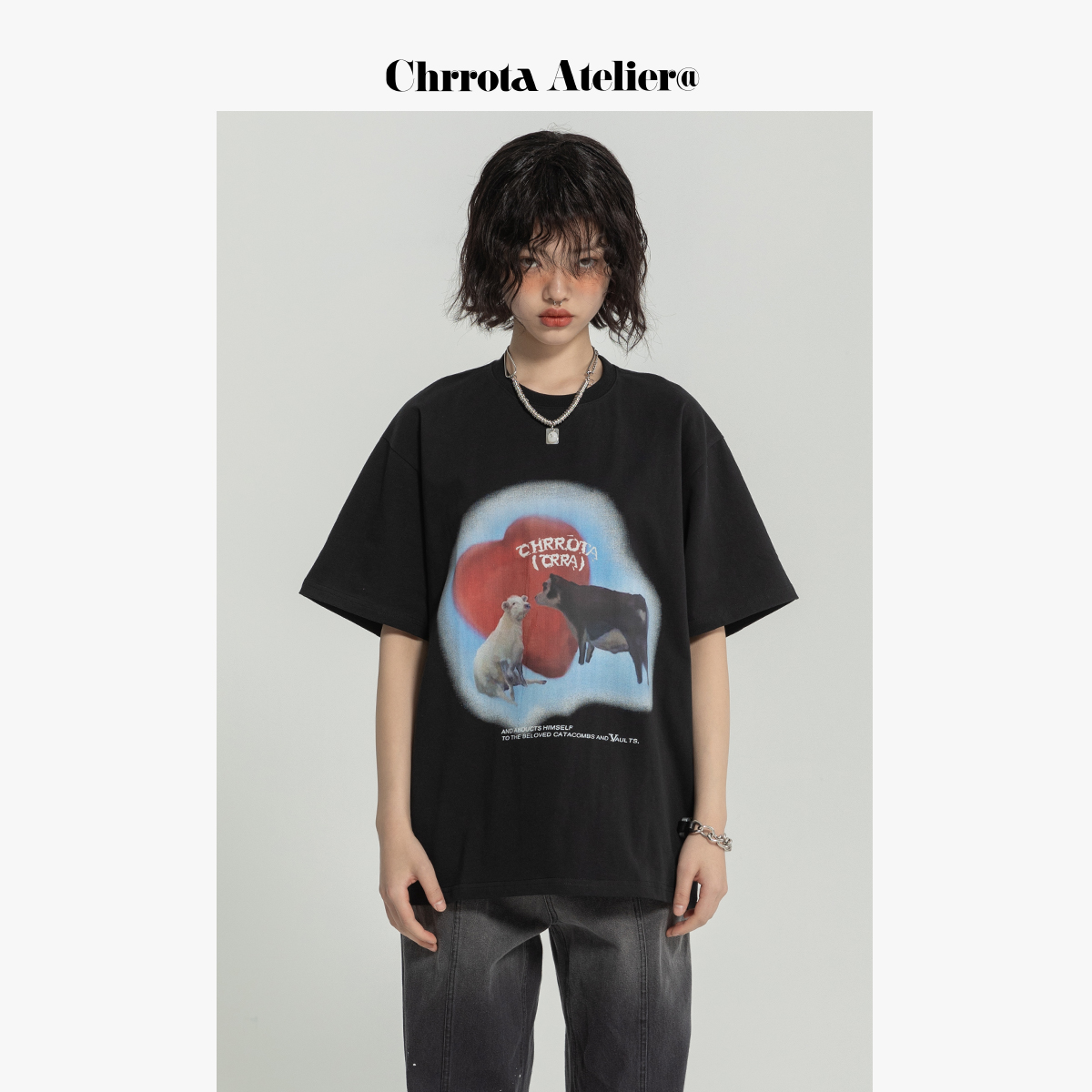 Chrrota(CRRA)情人节恋爱牛卡通休闲印花短袖T恤男国潮棉情侣装女