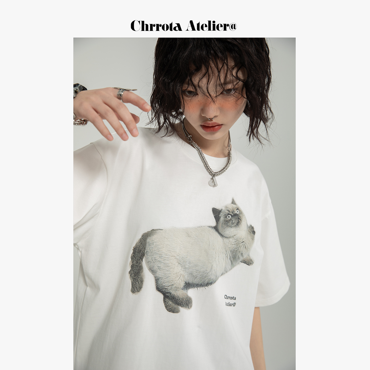Chrrota(CRRA)原创可爱小猫咪印花短袖T恤男女潮牌宽松纯棉情侣装