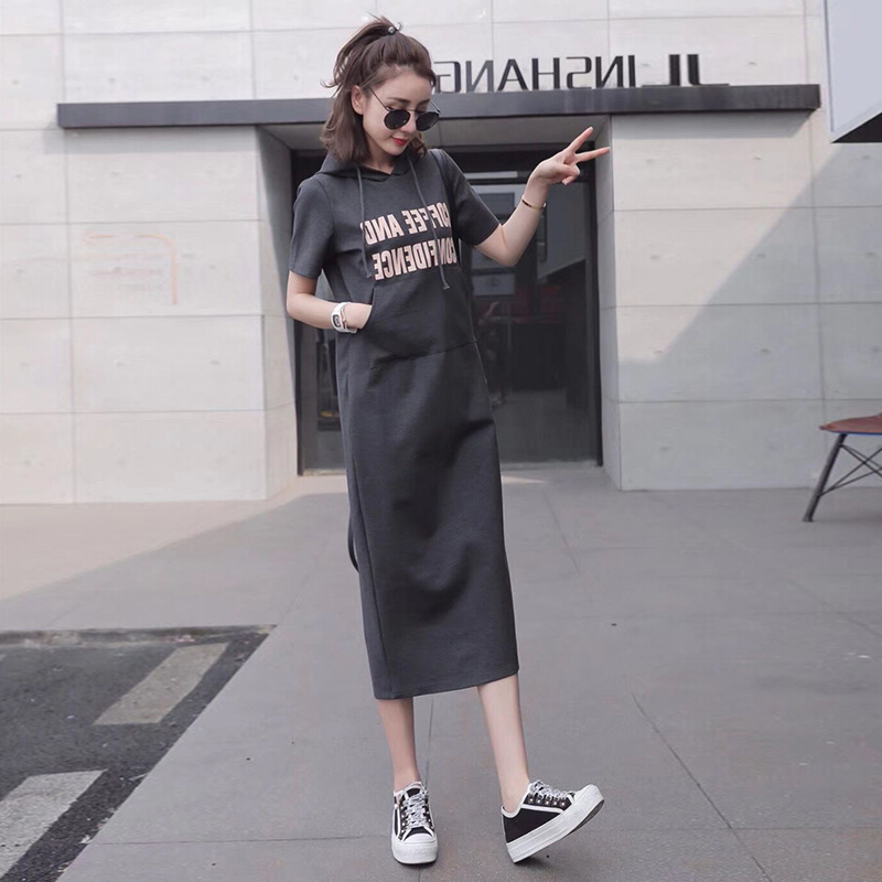 欧货连帽宽松运动休闲短袖t恤裙女中长款过膝直筒卫衣连衣裙夏季
