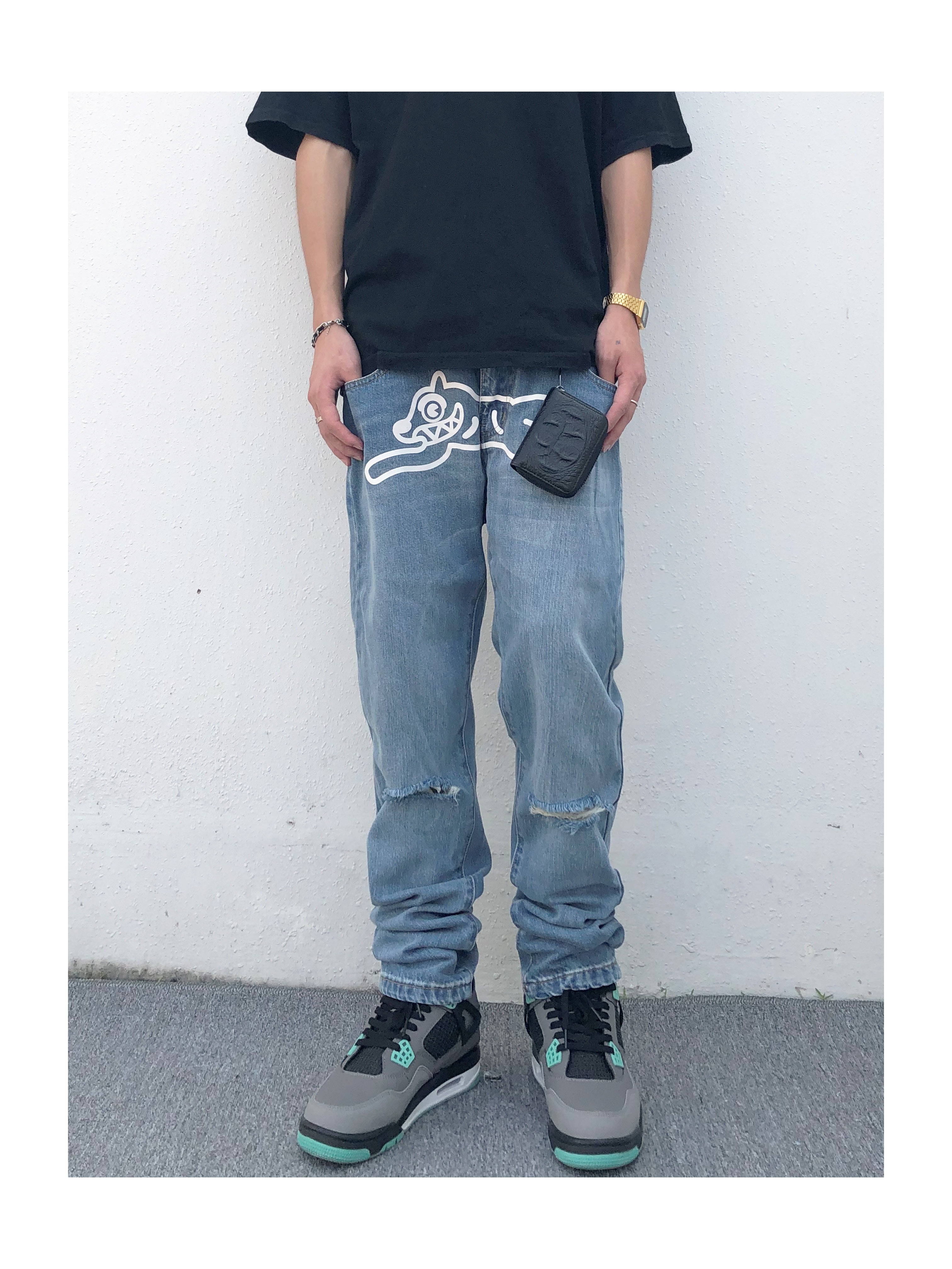 2088美式高街bbc飞狗破洞浅蓝牛仔裤复古嘻哈直筒小脚长裤潮流男