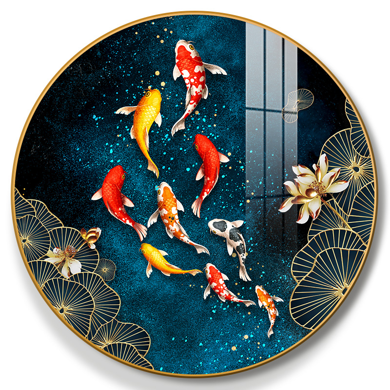 圆形九鱼入户玄关装饰画轻奢客厅沙发墙面壁画现代装饰画