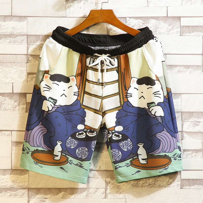 夏季印花短裤男外穿潮牌沙滩裤宽松大码家居五分睡裤情侣大裤衩子