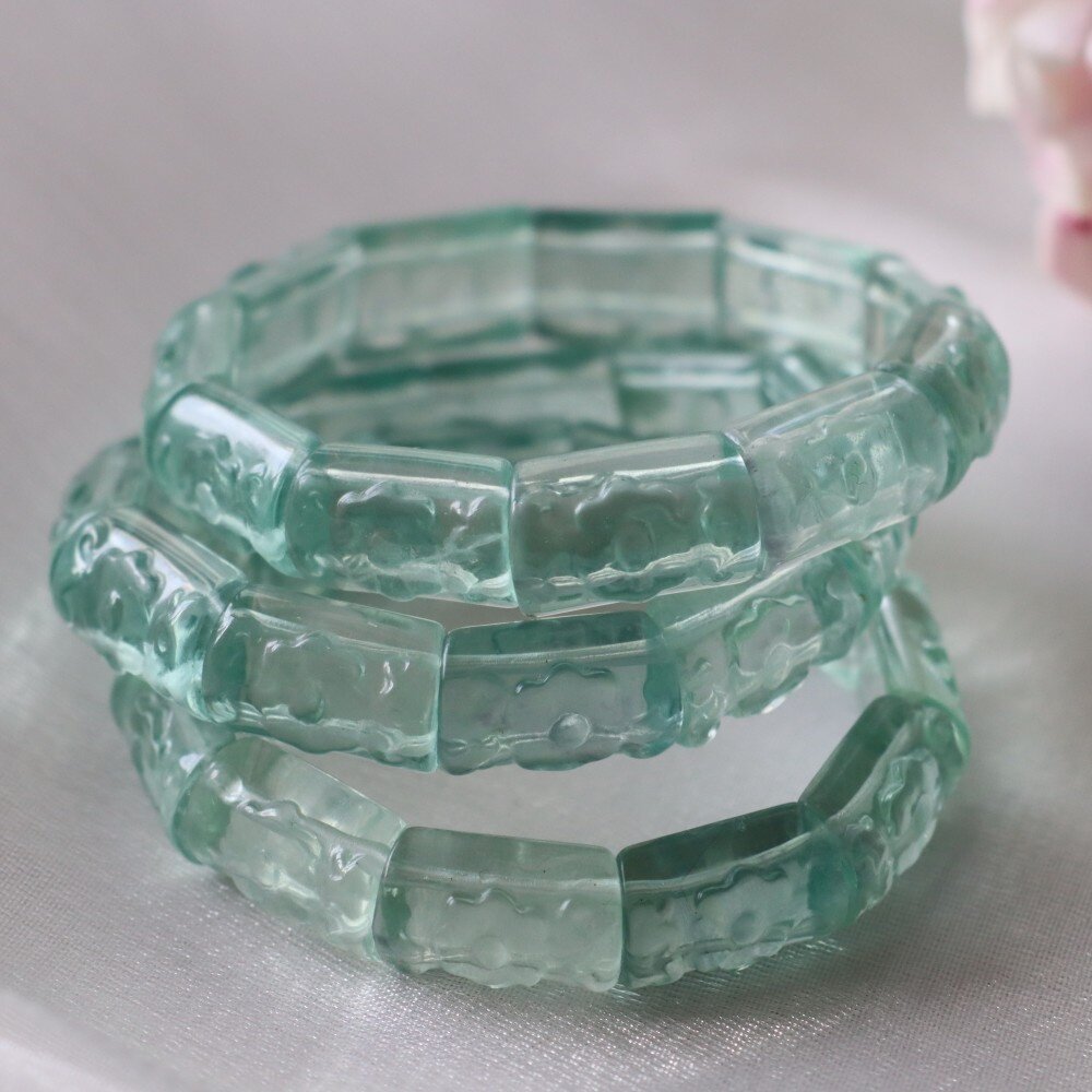 灵物有约天然雕刻花朵暖宫石绿萤石手排手镯手链