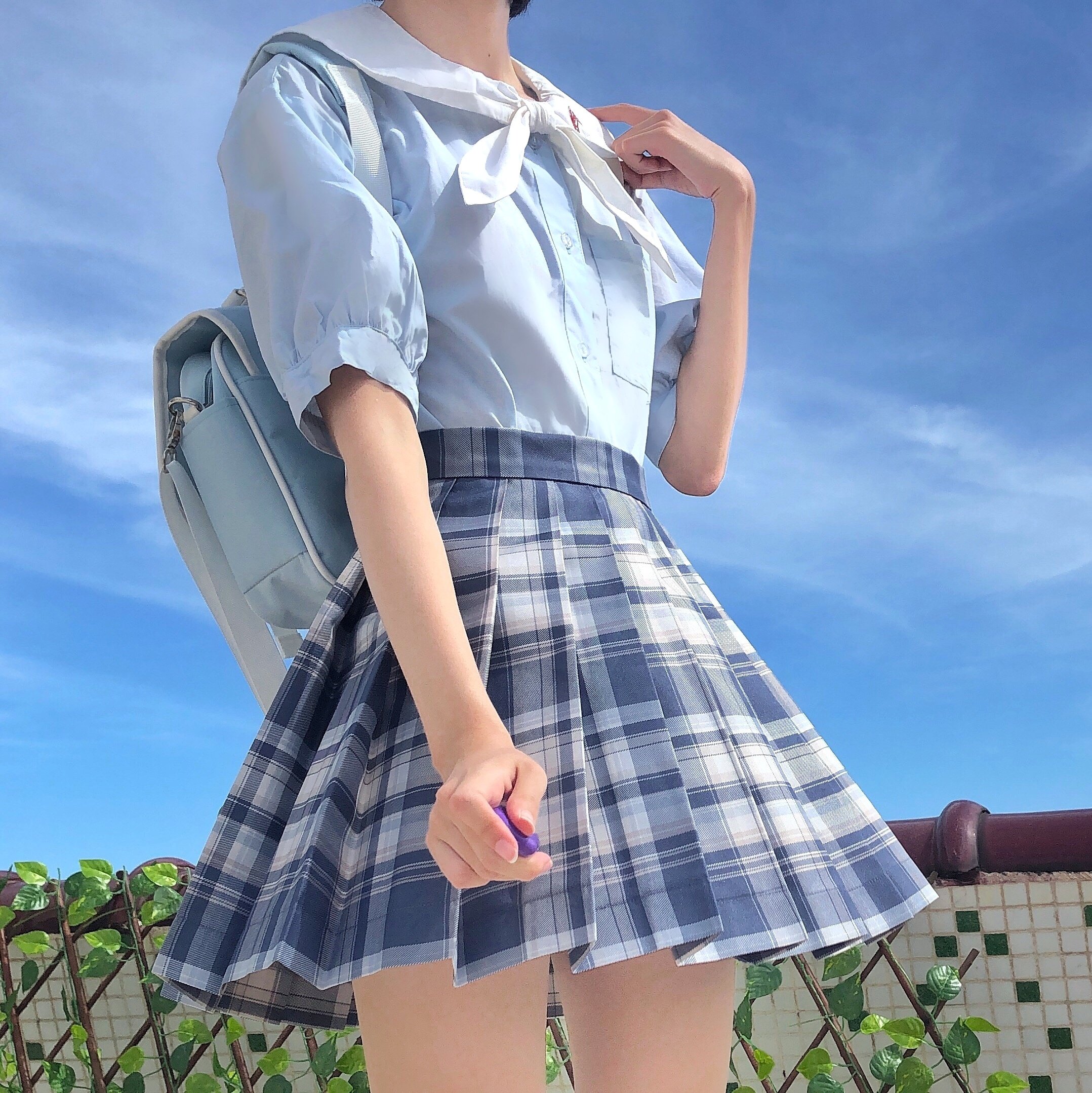 scch校供感狗蓝格辣妹格子jk制服百褶裙蓝了海半身裙