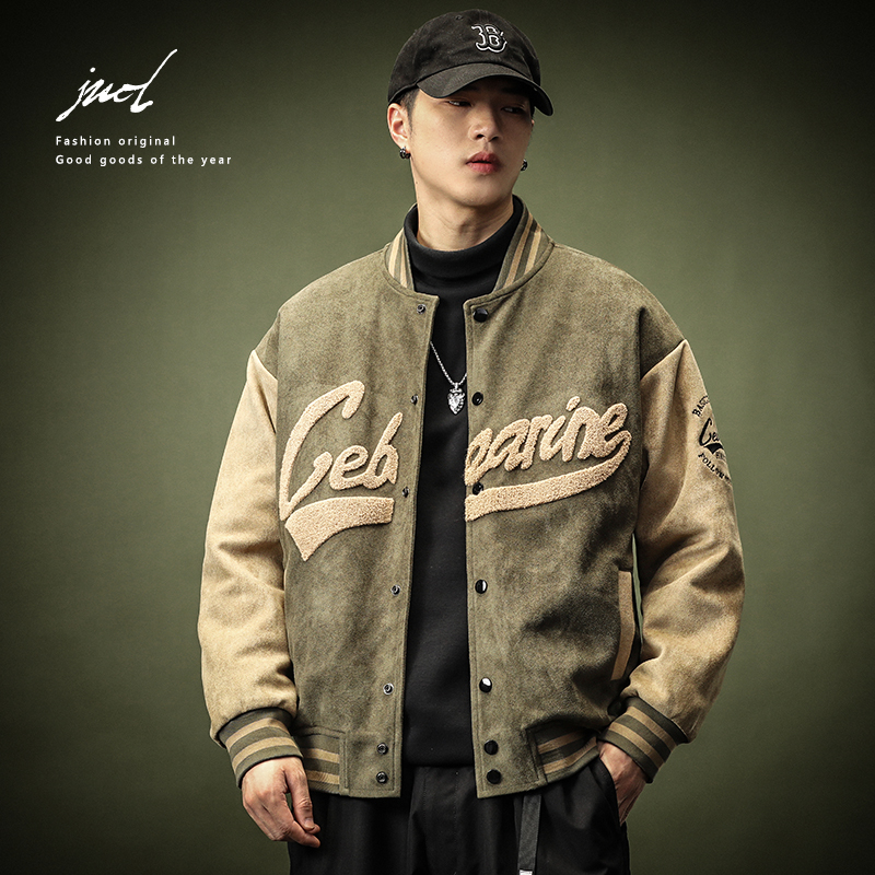 麂皮绒棒球服男士vintage春秋季新款绿色飞行员夹克ins美式外套男