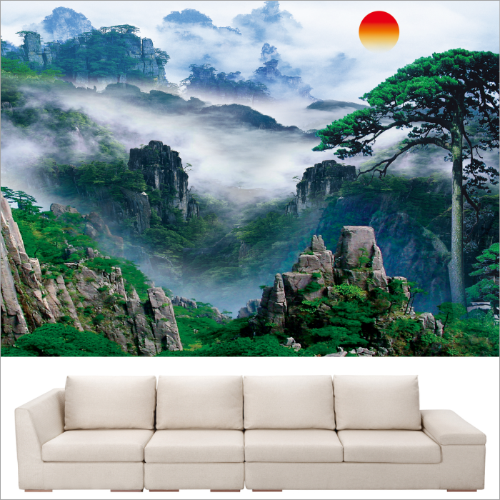 泰山日出国画无水靠山图贴贴画五岳独尊风水现代装饰画