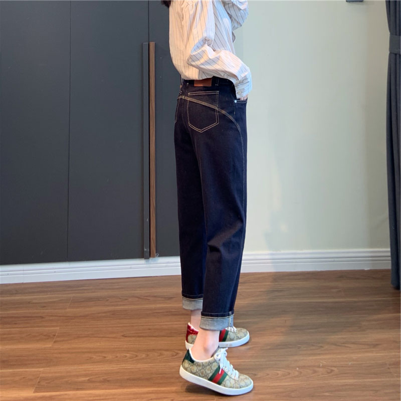 大码女装秋冬加绒高腰锥形哈伦胖妹妹宽松显瘦梨形身材牛仔裤子潮