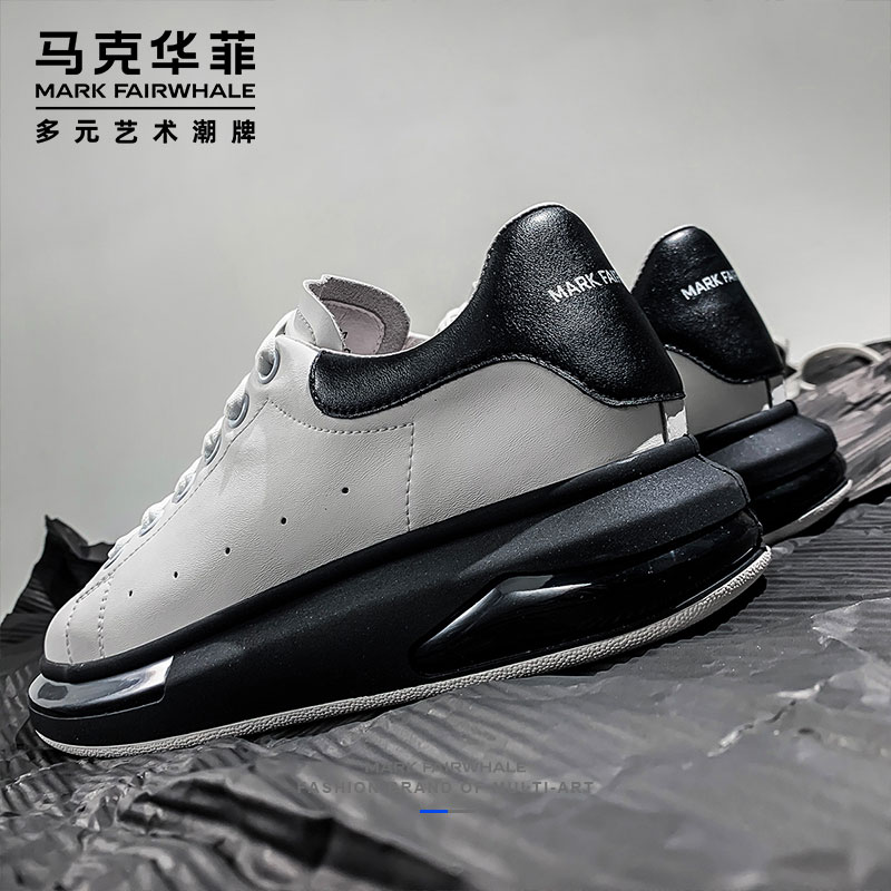 马克华菲夏季透气男鞋2022新款潮小白鞋真皮厚底气垫运动休闲板鞋